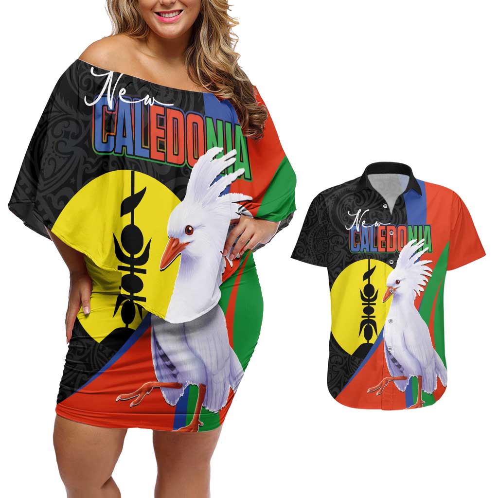 New Caledonia Couples Matching Off Shoulder Short Dress and Hawaiian Shirt Kagu Bird and The Seal with Melanesian Culture LT03 Black - Polynesian Pride