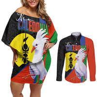 New Caledonia Couples Matching Off Shoulder Short Dress and Long Sleeve Button Shirt Kagu Bird and The Seal with Melanesian Culture LT03 Black - Polynesian Pride