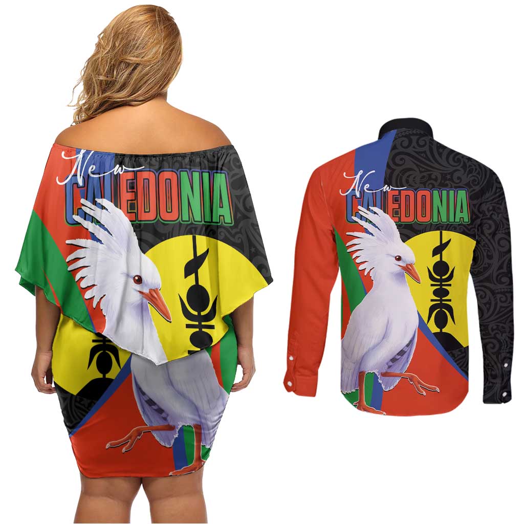 New Caledonia Couples Matching Off Shoulder Short Dress and Long Sleeve Button Shirt Kagu Bird and The Seal with Melanesian Culture LT03 - Polynesian Pride
