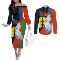 New Caledonia Couples Matching Off The Shoulder Long Sleeve Dress and Long Sleeve Button Shirt Kagu Bird and The Seal with Melanesian Culture LT03 Black - Polynesian Pride