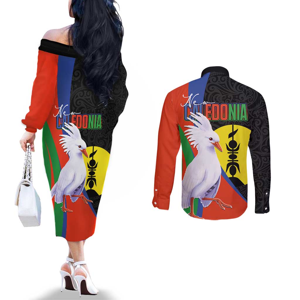 New Caledonia Couples Matching Off The Shoulder Long Sleeve Dress and Long Sleeve Button Shirt Kagu Bird and The Seal with Melanesian Culture LT03 - Polynesian Pride