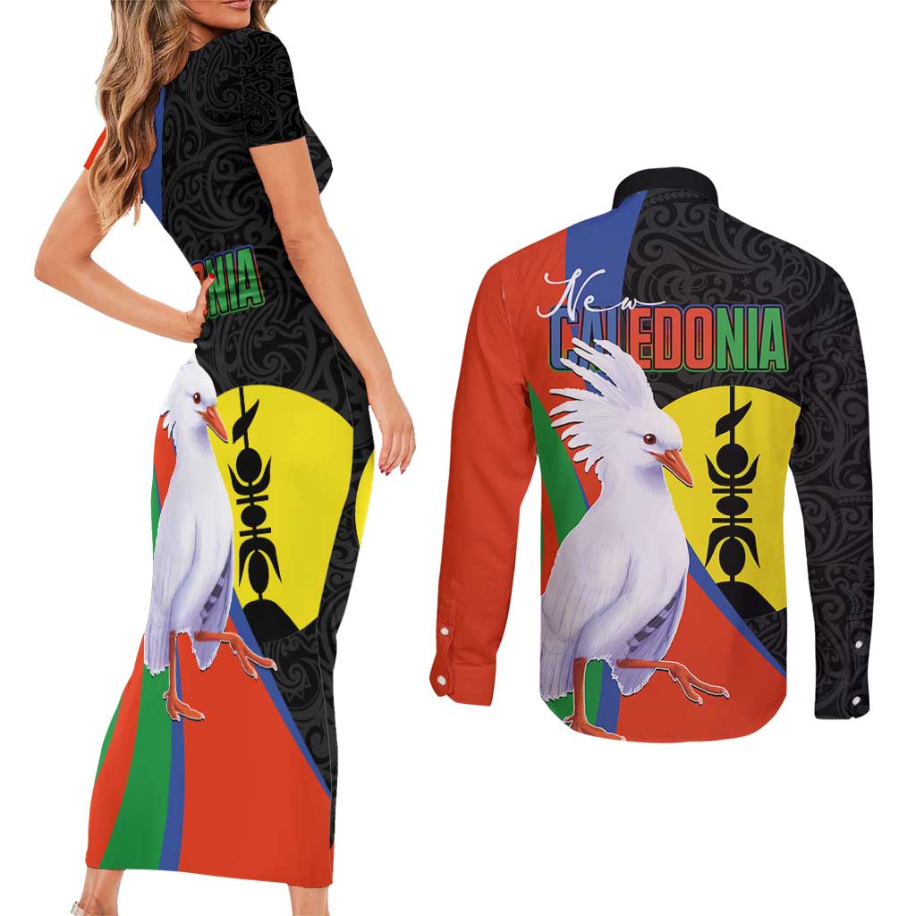 New Caledonia Couples Matching Short Sleeve Bodycon Dress and Long Sleeve Button Shirt Kagu Bird and The Seal with Melanesian Culture LT03 - Polynesian Pride