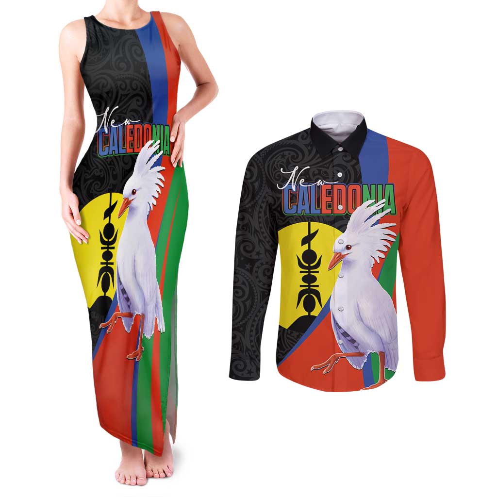 New Caledonia Couples Matching Tank Maxi Dress and Long Sleeve Button Shirt Kagu Bird and The Seal with Melanesian Culture LT03 Black - Polynesian Pride