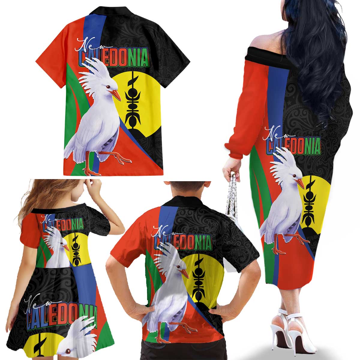 New Caledonia Family Matching Off The Shoulder Long Sleeve Dress and Hawaiian Shirt Kagu Bird and The Seal with Melanesian Culture LT03 - Polynesian Pride