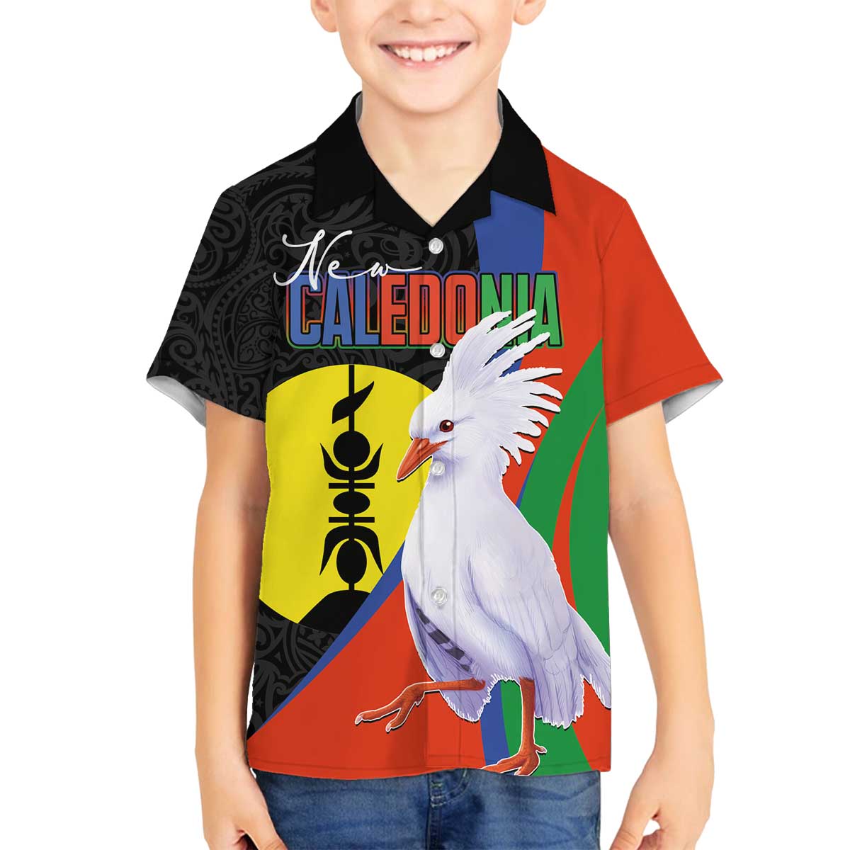 New Caledonia Family Matching Off The Shoulder Long Sleeve Dress and Hawaiian Shirt Kagu Bird and The Seal with Melanesian Culture LT03 Son's Shirt Black - Polynesian Pride