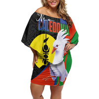 New Caledonia Family Matching Off Shoulder Short Dress and Hawaiian Shirt Kagu Bird and The Seal with Melanesian Culture LT03 Mom's Dress Black - Polynesian Pride