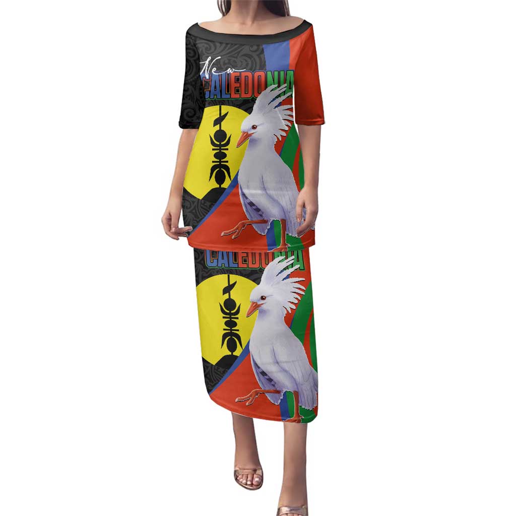 New Caledonia Family Matching Puletasi and Hawaiian Shirt Kagu Bird and The Seal with Melanesian Culture LT03 Mom's Dress Black - Polynesian Pride