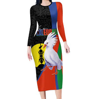 New Caledonia Long Sleeve Bodycon Dress Kagu Bird and The Seal with Melanesian Culture LT03 Long Dress Black - Polynesian Pride