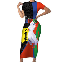 New Caledonia Short Sleeve Bodycon Dress Kagu Bird and The Seal with Melanesian Culture LT03 Long Dress Black - Polynesian Pride