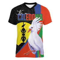 New Caledonia Women V-Neck T-Shirt Kagu Bird and The Seal with Melanesian Culture LT03 Female Black - Polynesian Pride