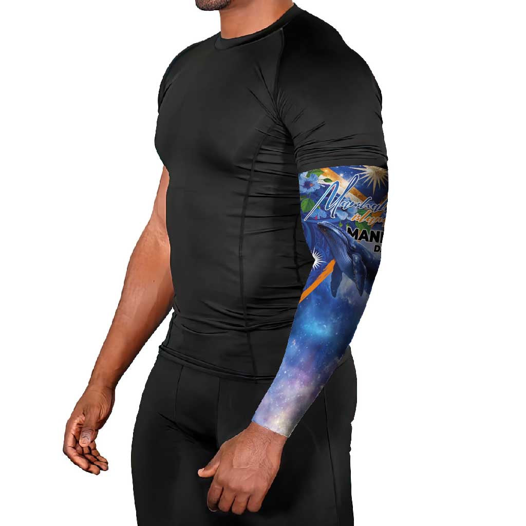 Marshall Islands Manit Day Arm Sleeves Grunge National Flag with Whales and Tribal Tattoos - Polynesian Pride