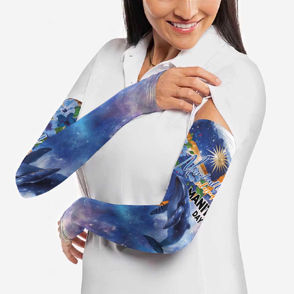 Marshall Islands Manit Day Arm Sleeves Grunge National Flag with Whales and Tribal Tattoos - Polynesian Pride