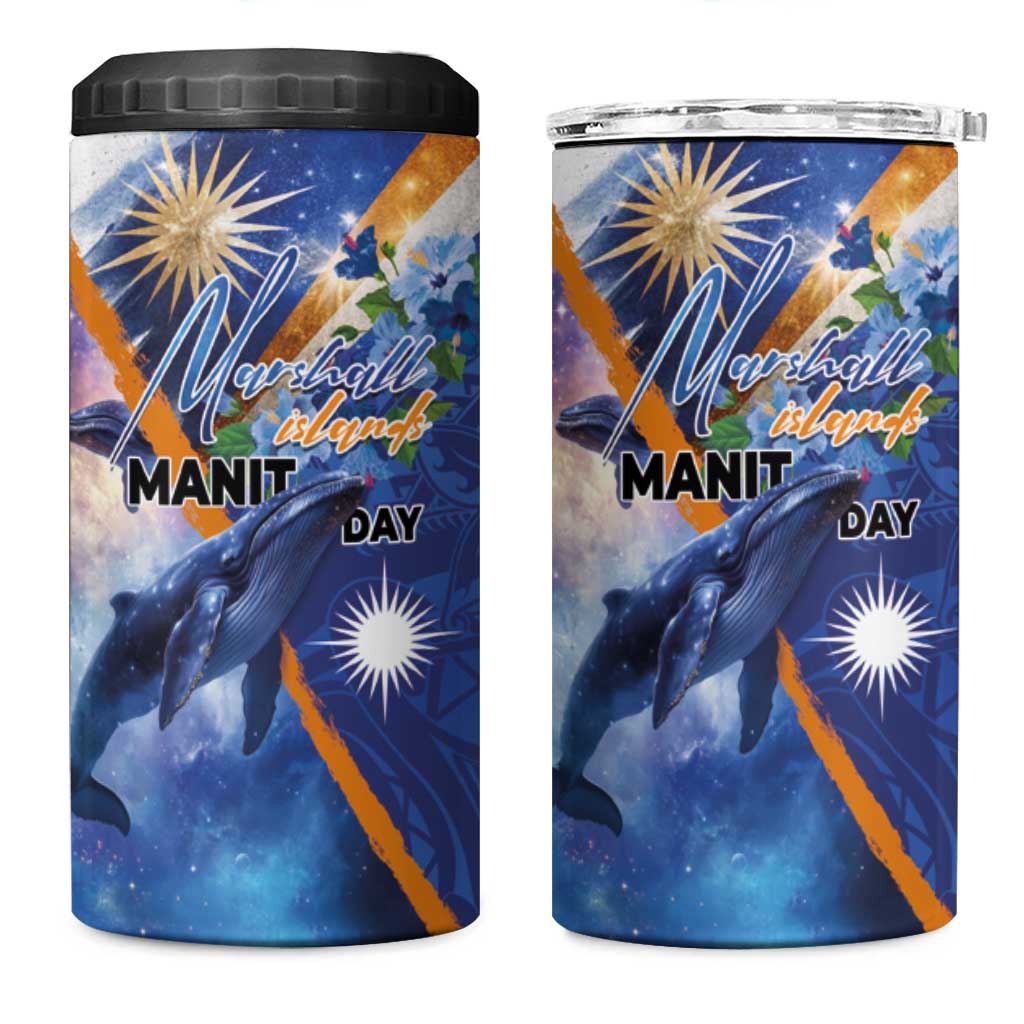 Marshall Islands Manit Day 4 in 1 Can Cooler Tumbler Grunge National Flag with Whales and Tribal Tattoos LT03 One Size: 16 oz Blue - Polynesian Pride