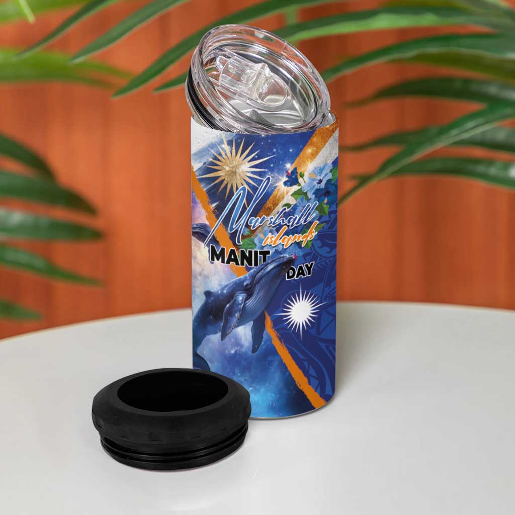 Marshall Islands Manit Day 4 in 1 Can Cooler Tumbler Grunge National Flag with Whales and Tribal Tattoos LT03 - Polynesian Pride