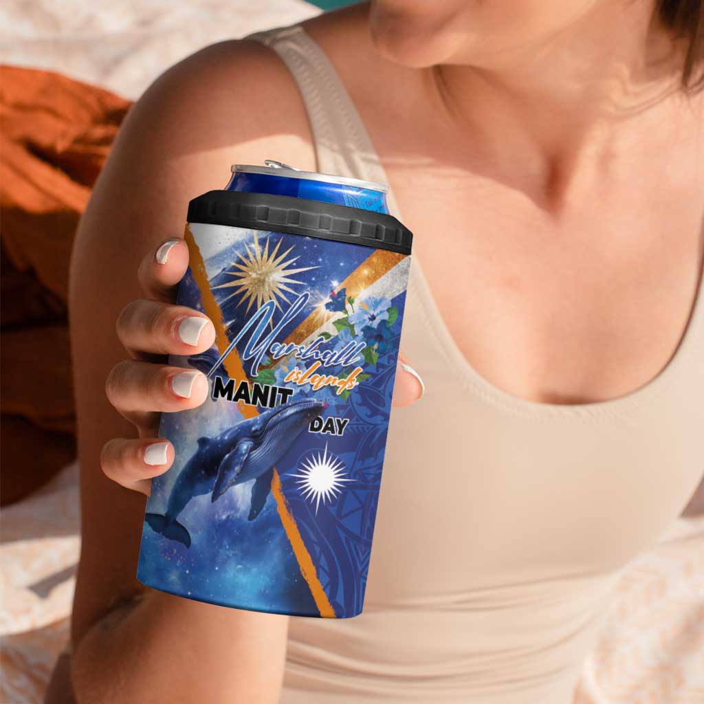 Marshall Islands Manit Day 4 in 1 Can Cooler Tumbler Grunge National Flag with Whales and Tribal Tattoos LT03 - Polynesian Pride