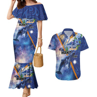 Marshall Islands Manit Day Couples Matching Mermaid Dress and Hawaiian Shirt Grunge National Flag with Whales and Tribal Tattoos LT03 Blue - Polynesian Pride