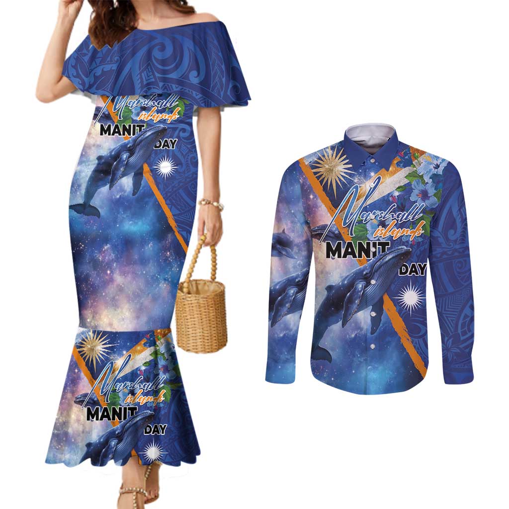 Marshall Islands Manit Day Couples Matching Mermaid Dress and Long Sleeve Button Shirt Grunge National Flag with Whales and Tribal Tattoos LT03 Blue - Polynesian Pride