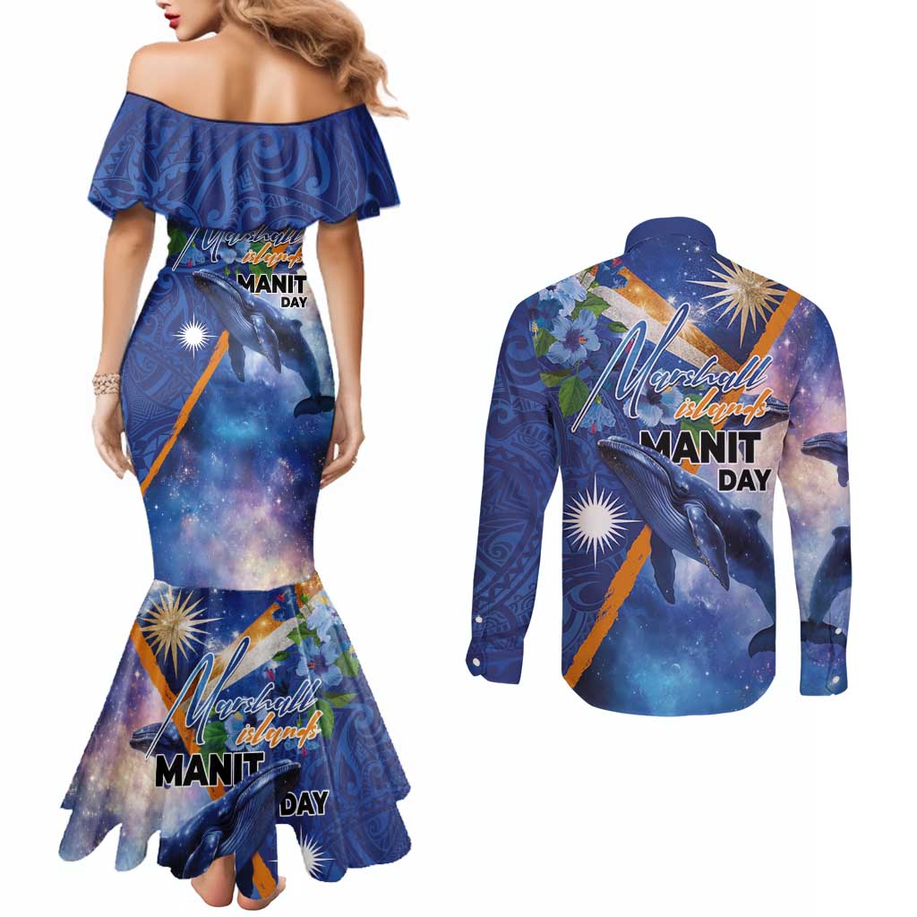 Marshall Islands Manit Day Couples Matching Mermaid Dress and Long Sleeve Button Shirt Grunge National Flag with Whales and Tribal Tattoos LT03 - Polynesian Pride