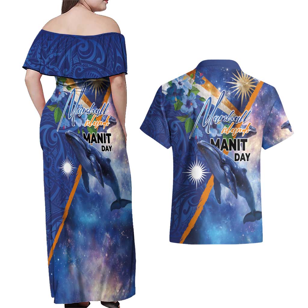 Marshall Islands Manit Day Couples Matching Off Shoulder Maxi Dress and Hawaiian Shirt Grunge National Flag with Whales and Tribal Tattoos LT03 - Polynesian Pride