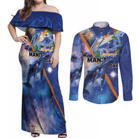 Marshall Islands Manit Day Couples Matching Off Shoulder Maxi Dress and Long Sleeve Button Shirt Grunge National Flag with Whales and Tribal Tattoos LT03 Blue - Polynesian Pride