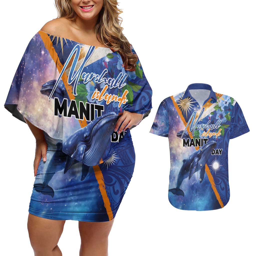 Marshall Islands Manit Day Couples Matching Off Shoulder Short Dress and Hawaiian Shirt Grunge National Flag with Whales and Tribal Tattoos LT03 Blue - Polynesian Pride