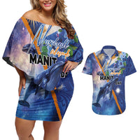 Marshall Islands Manit Day Couples Matching Off Shoulder Short Dress and Hawaiian Shirt Grunge National Flag with Whales and Tribal Tattoos LT03 Blue - Polynesian Pride