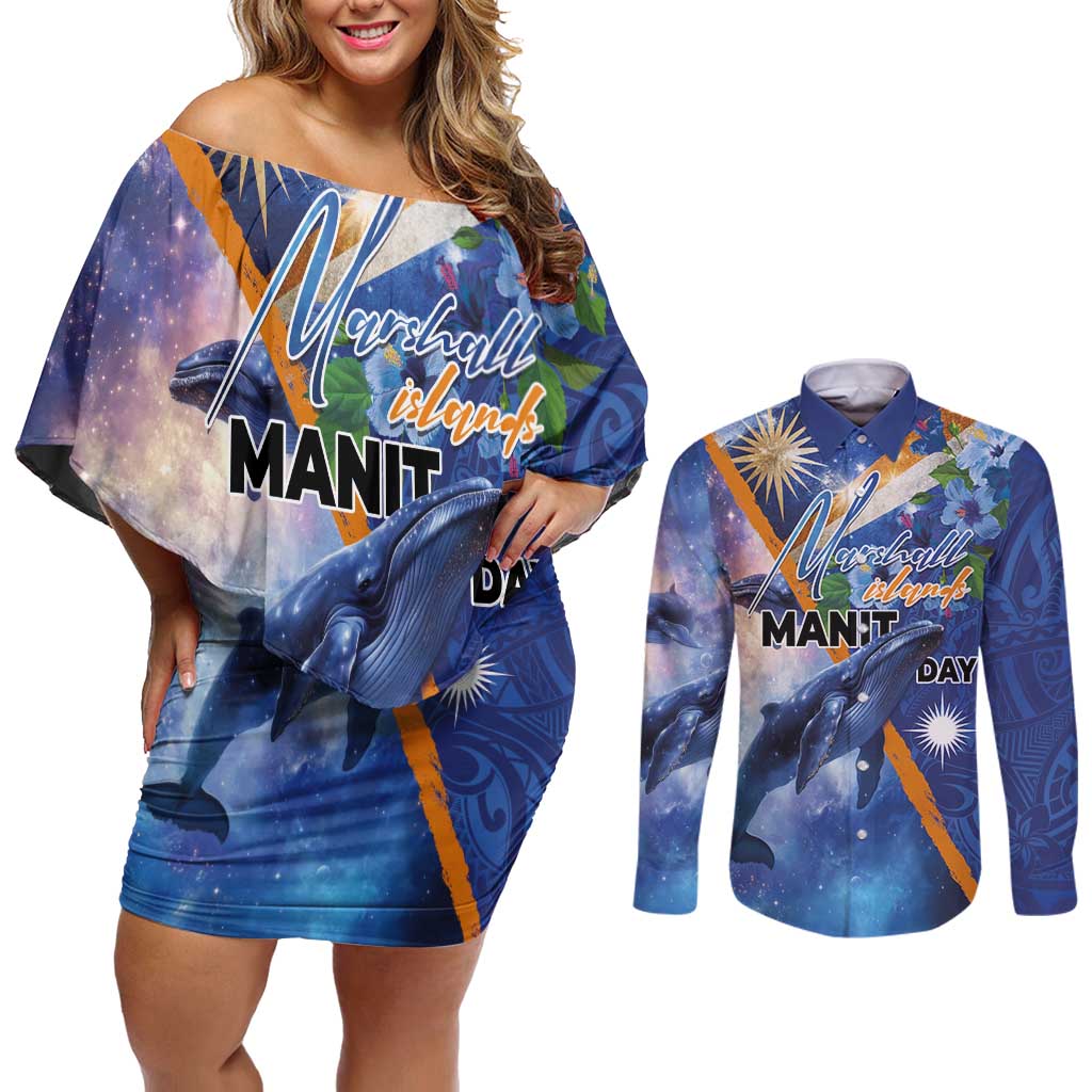 Marshall Islands Manit Day Couples Matching Off Shoulder Short Dress and Long Sleeve Button Shirt Grunge National Flag with Whales and Tribal Tattoos LT03 Blue - Polynesian Pride