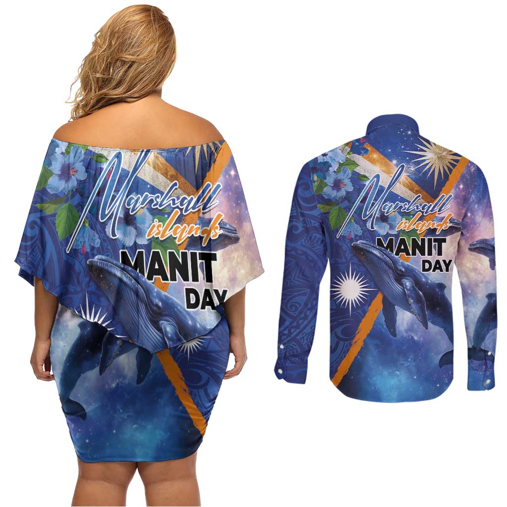 Marshall Islands Manit Day Couples Matching Off Shoulder Short Dress and Long Sleeve Button Shirt Grunge National Flag with Whales and Tribal Tattoos LT03 - Polynesian Pride