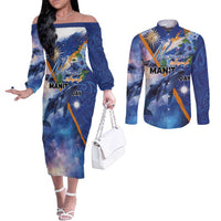 Marshall Islands Manit Day Couples Matching Off The Shoulder Long Sleeve Dress and Long Sleeve Button Shirt Grunge National Flag with Whales and Tribal Tattoos LT03 Blue - Polynesian Pride