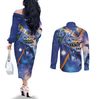 Marshall Islands Manit Day Couples Matching Off The Shoulder Long Sleeve Dress and Long Sleeve Button Shirt Grunge National Flag with Whales and Tribal Tattoos LT03 - Polynesian Pride