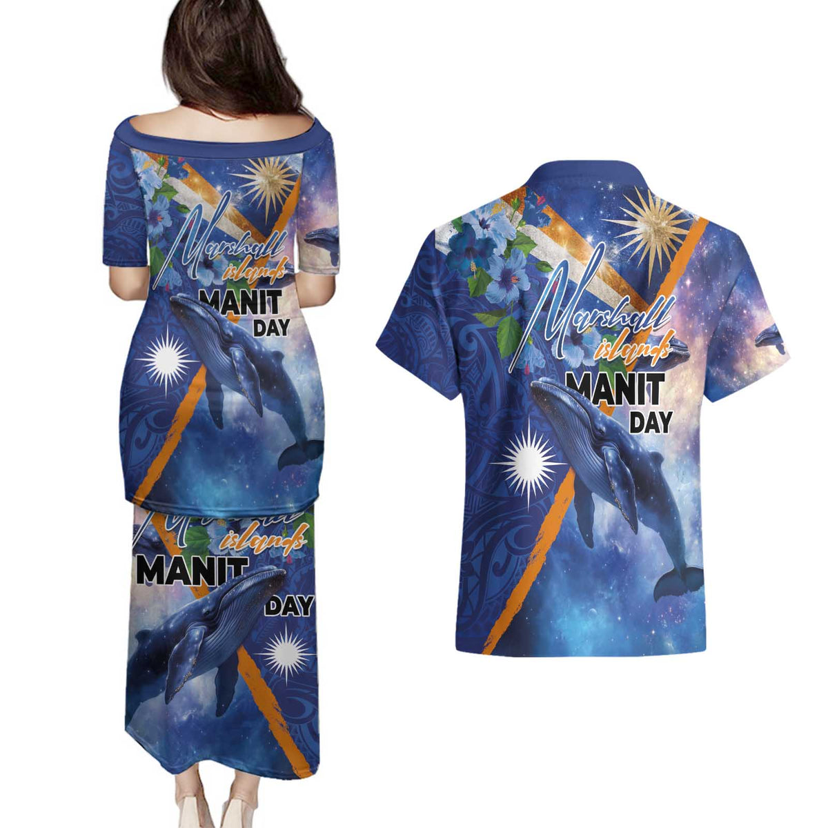 Marshall Islands Manit Day Couples Matching Puletasi and Hawaiian Shirt Grunge National Flag with Whales and Tribal Tattoos LT03 - Polynesian Pride