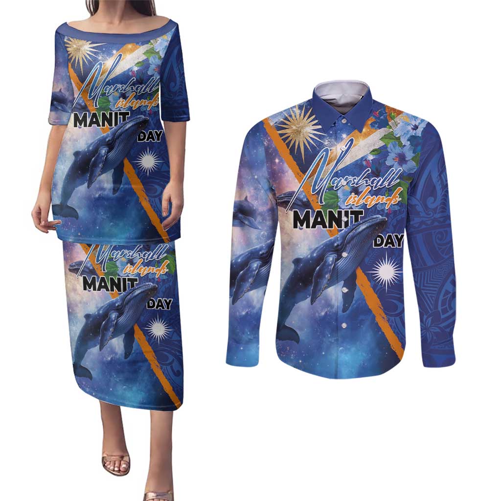 Marshall Islands Manit Day Couples Matching Puletasi and Long Sleeve Button Shirt Grunge National Flag with Whales and Tribal Tattoos - Polynesian Pride