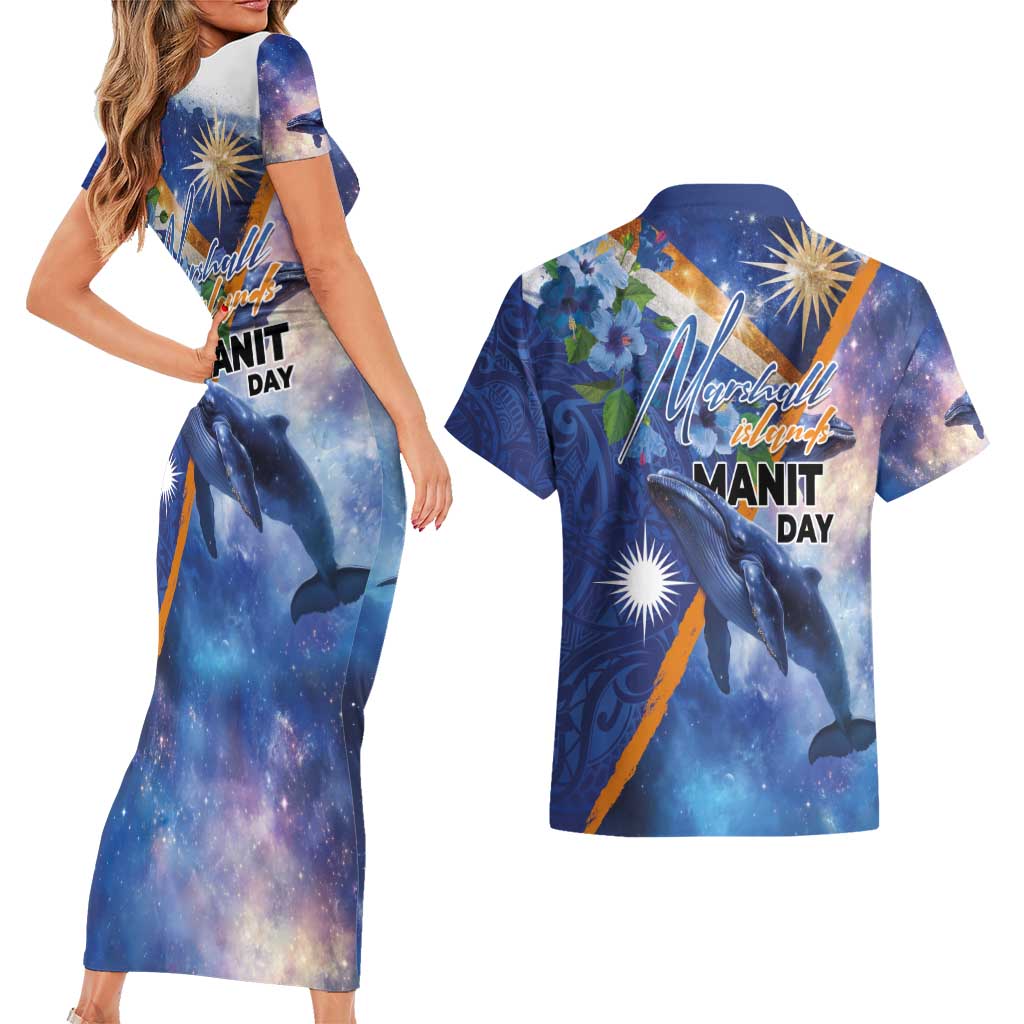Marshall Islands Manit Day Couples Matching Short Sleeve Bodycon Dress and Hawaiian Shirt Grunge National Flag with Whales and Tribal Tattoos LT03 - Polynesian Pride