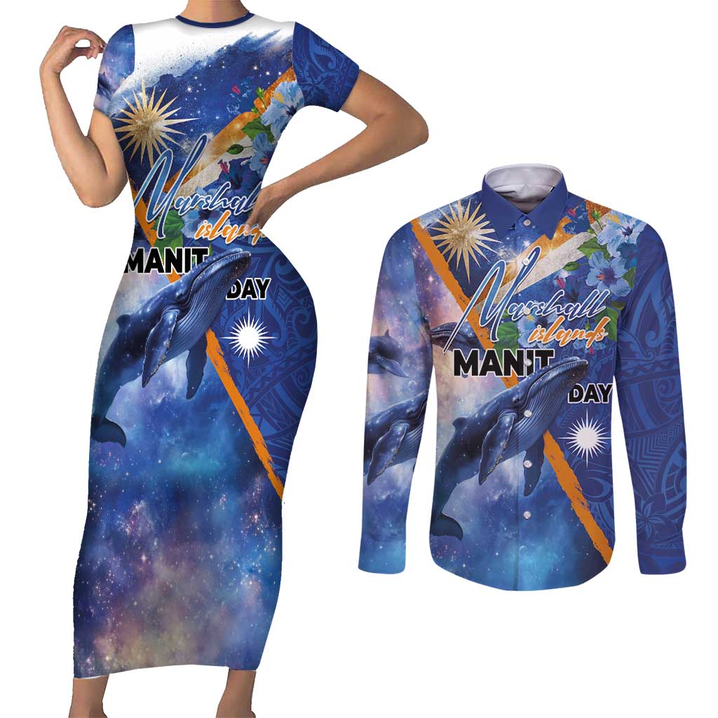 Marshall Islands Manit Day Couples Matching Short Sleeve Bodycon Dress and Long Sleeve Button Shirt Grunge National Flag with Whales and Tribal Tattoos LT03 Blue - Polynesian Pride