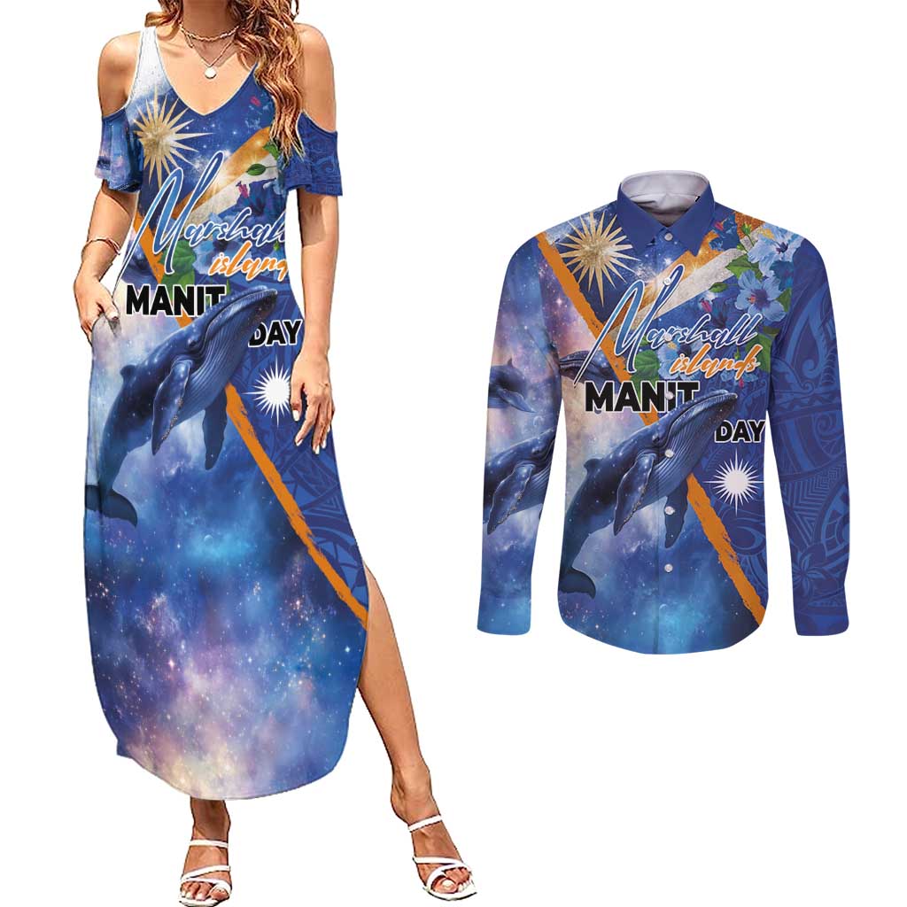 Marshall Islands Manit Day Couples Matching Summer Maxi Dress and Long Sleeve Button Shirt Grunge National Flag with Whales and Tribal Tattoos LT03 Blue - Polynesian Pride