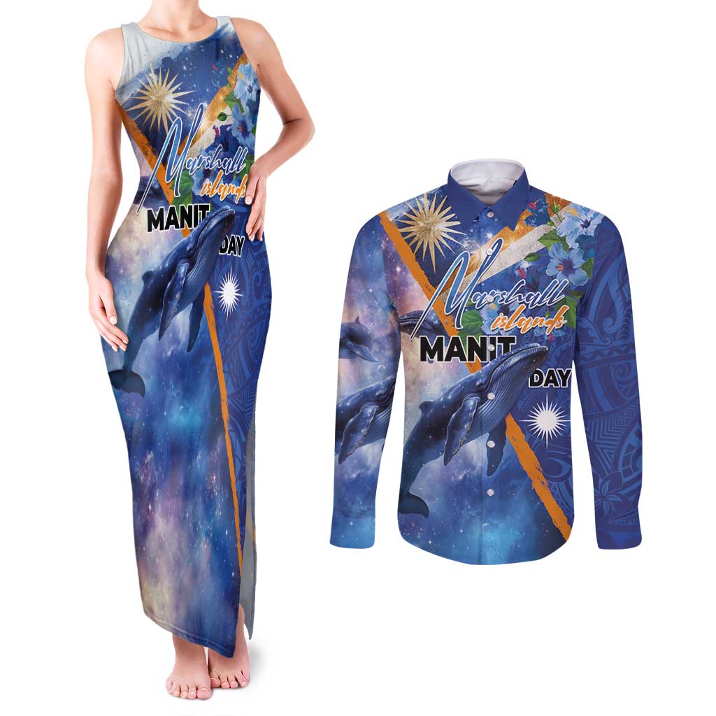 Marshall Islands Manit Day Couples Matching Tank Maxi Dress and Long Sleeve Button Shirt Grunge National Flag with Whales and Tribal Tattoos LT03 Blue - Polynesian Pride