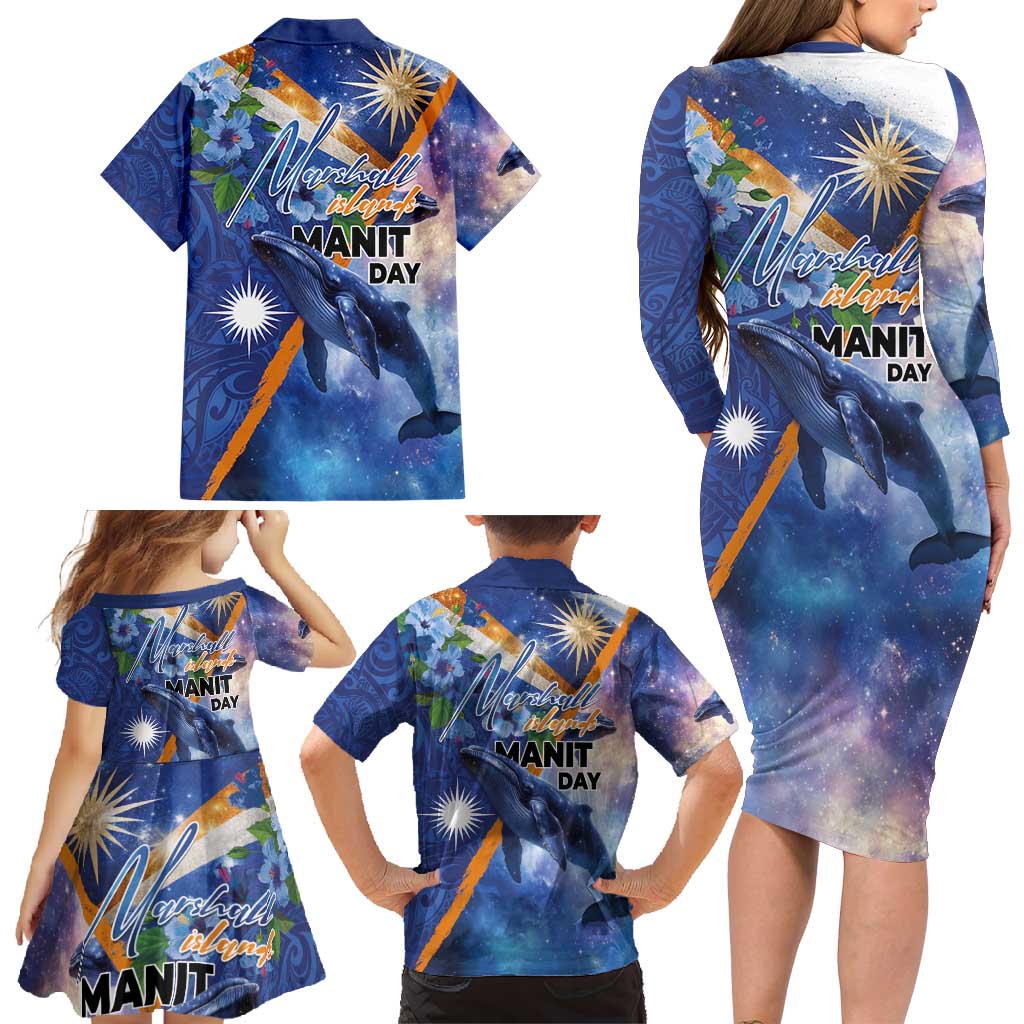 Marshall Islands Manit Day Family Matching Long Sleeve Bodycon Dress and Hawaiian Shirt Grunge National Flag with Whales and Tribal Tattoos LT03 - Polynesian Pride
