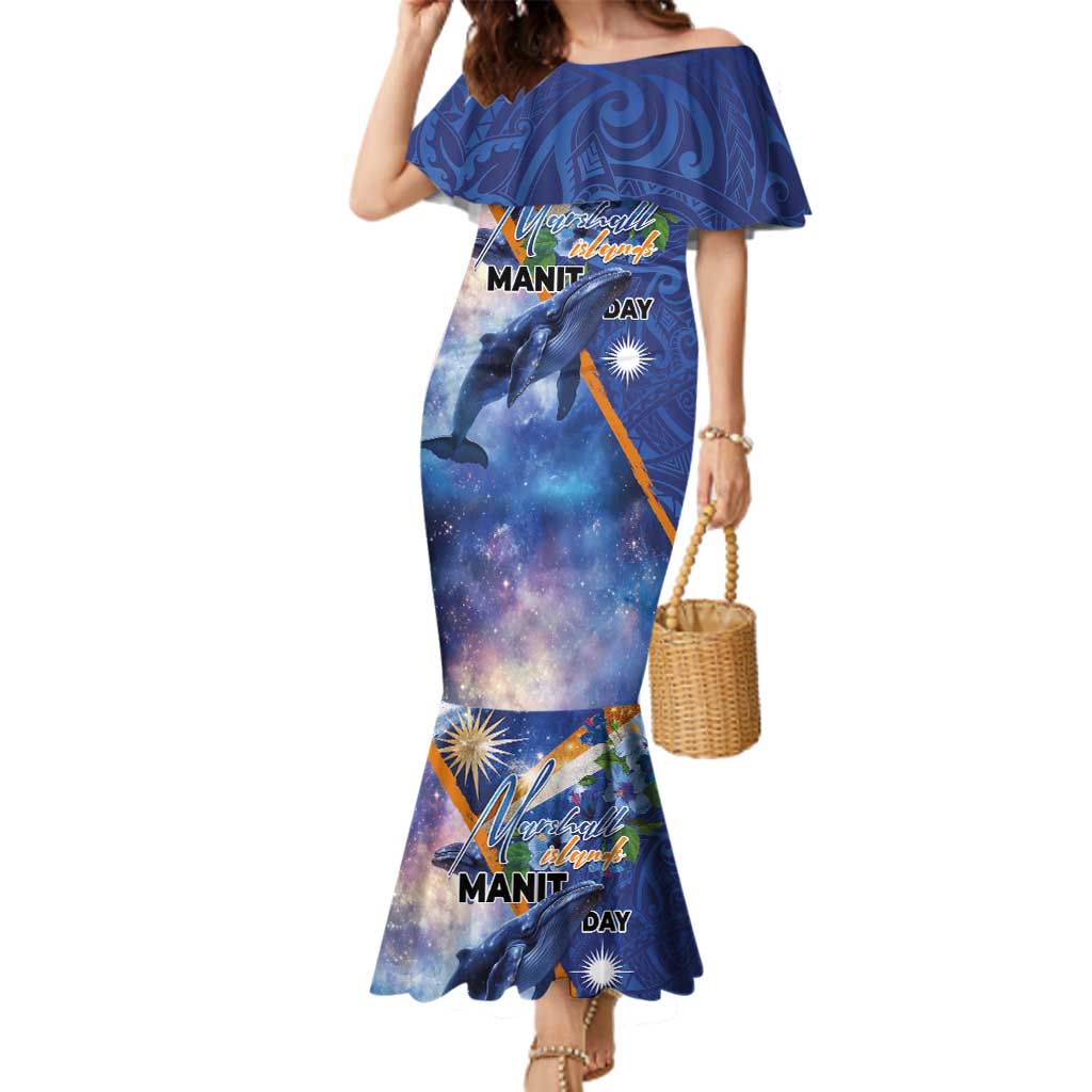 Marshall Islands Manit Day Family Matching Mermaid Dress and Hawaiian Shirt Grunge National Flag with Whales and Tribal Tattoos LT03 Mom's Dress Blue - Polynesian Pride