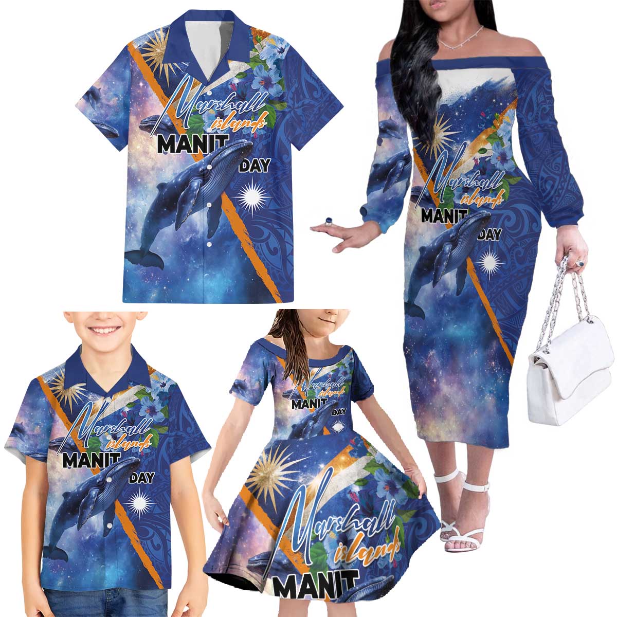 Marshall Islands Manit Day Family Matching Off The Shoulder Long Sleeve Dress and Hawaiian Shirt Grunge National Flag with Whales and Tribal Tattoos LT03 - Polynesian Pride