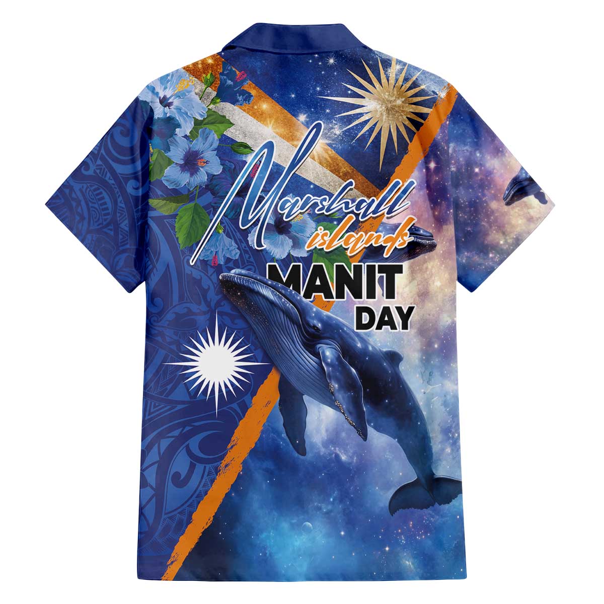 Marshall Islands Manit Day Family Matching Off The Shoulder Long Sleeve Dress and Hawaiian Shirt Grunge National Flag with Whales and Tribal Tattoos LT03 - Polynesian Pride
