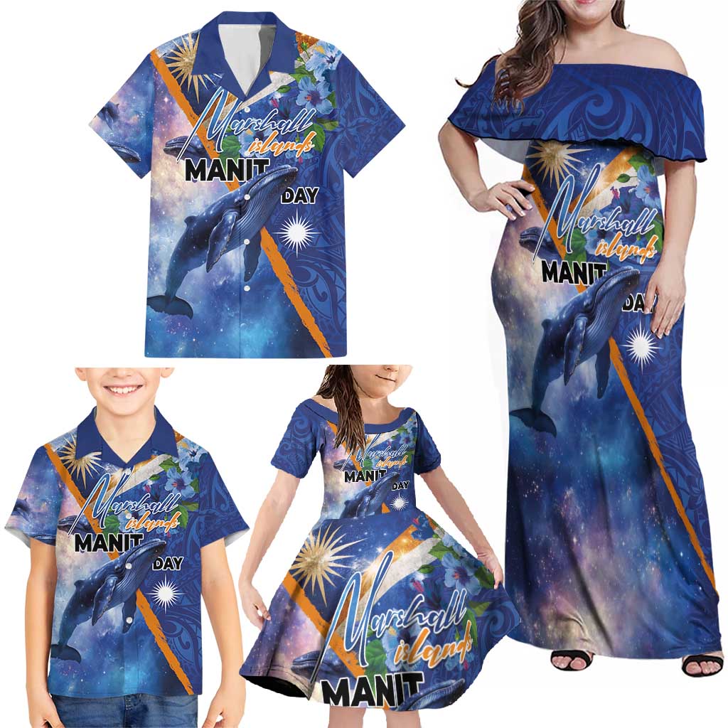 Marshall Islands Manit Day Family Matching Off Shoulder Maxi Dress and Hawaiian Shirt Grunge National Flag with Whales and Tribal Tattoos LT03 - Polynesian Pride