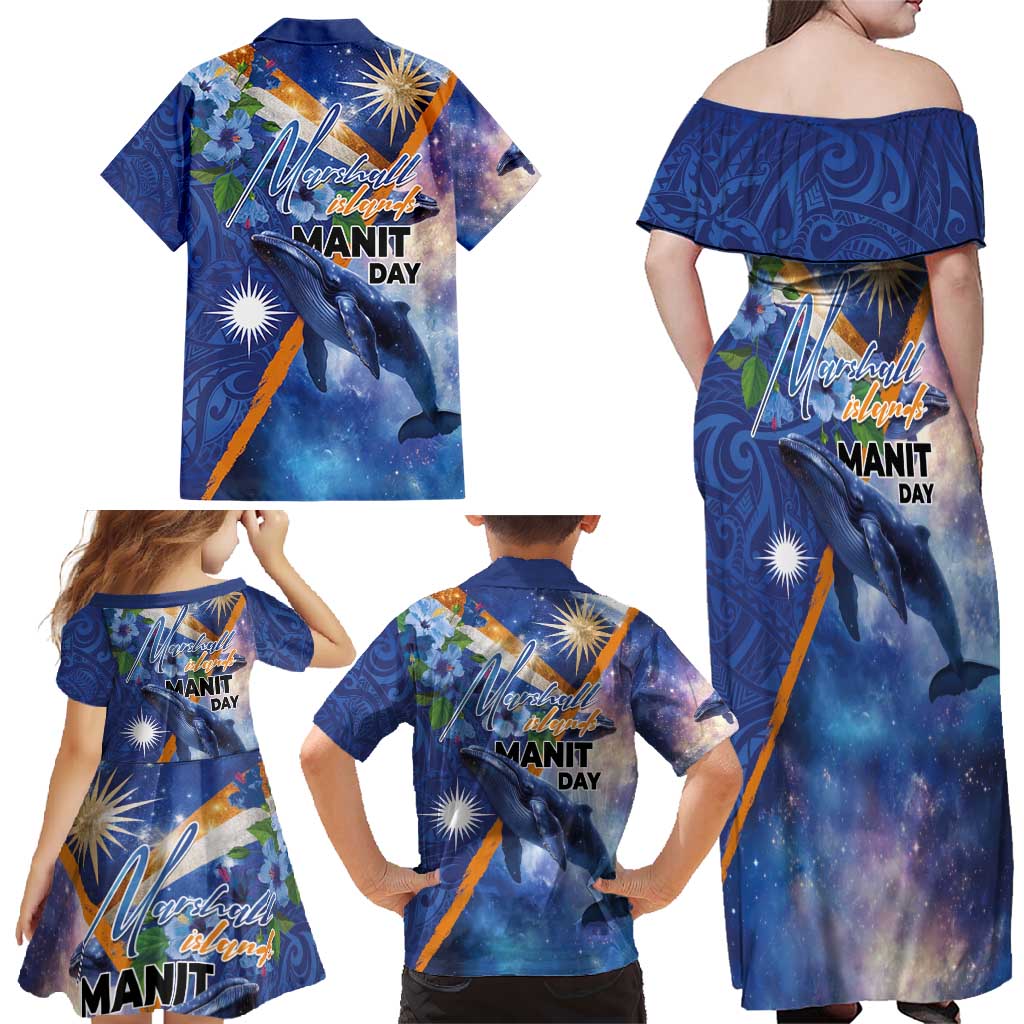 Marshall Islands Manit Day Family Matching Off Shoulder Maxi Dress and Hawaiian Shirt Grunge National Flag with Whales and Tribal Tattoos LT03 - Polynesian Pride