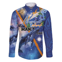 Marshall Islands Manit Day Family Matching Off Shoulder Maxi Dress and Hawaiian Shirt Grunge National Flag with Whales and Tribal Tattoos LT03 Dad's Shirt - Long Sleeve Blue - Polynesian Pride
