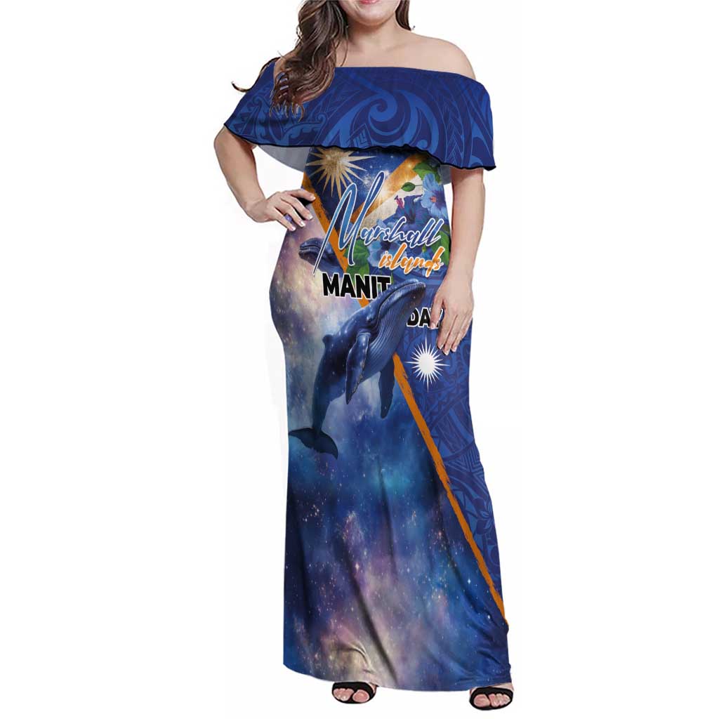 Marshall Islands Manit Day Family Matching Off Shoulder Maxi Dress and Hawaiian Shirt Grunge National Flag with Whales and Tribal Tattoos LT03 Mom's Dress Blue - Polynesian Pride