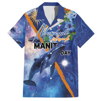 Marshall Islands Manit Day Family Matching Off Shoulder Short Dress and Hawaiian Shirt Grunge National Flag with Whales and Tribal Tattoos LT03 Dad's Shirt - Short Sleeve Blue - Polynesian Pride