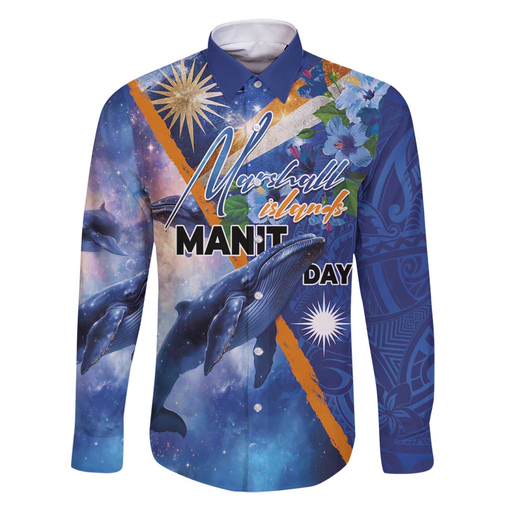 Marshall Islands Manit Day Family Matching Off Shoulder Short Dress and Hawaiian Shirt Grunge National Flag with Whales and Tribal Tattoos LT03 Dad's Shirt - Long Sleeve Blue - Polynesian Pride