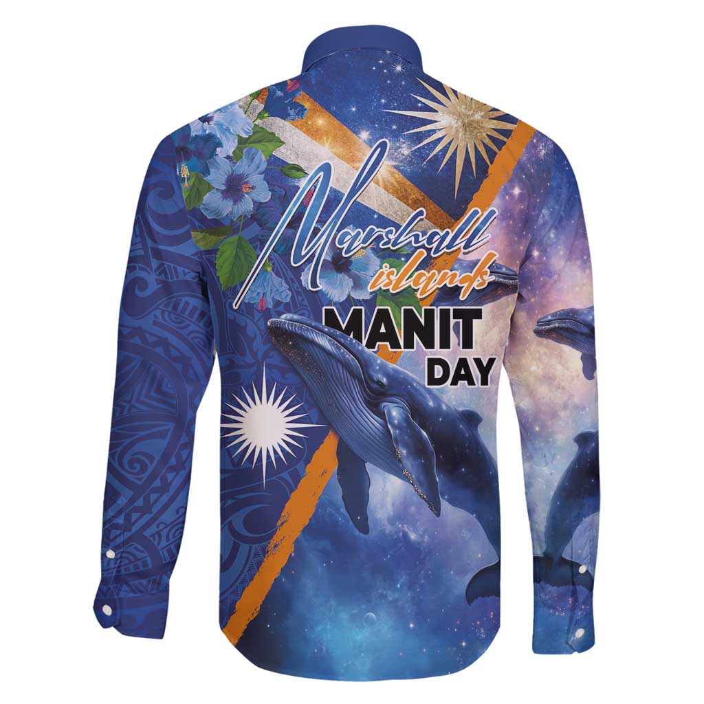 Marshall Islands Manit Day Family Matching Off Shoulder Short Dress and Hawaiian Shirt Grunge National Flag with Whales and Tribal Tattoos LT03 - Polynesian Pride
