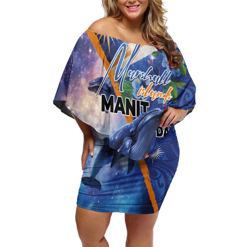 Marshall Islands Manit Day Family Matching Off Shoulder Short Dress and Hawaiian Shirt Grunge National Flag with Whales and Tribal Tattoos LT03 Mom's Dress Blue - Polynesian Pride