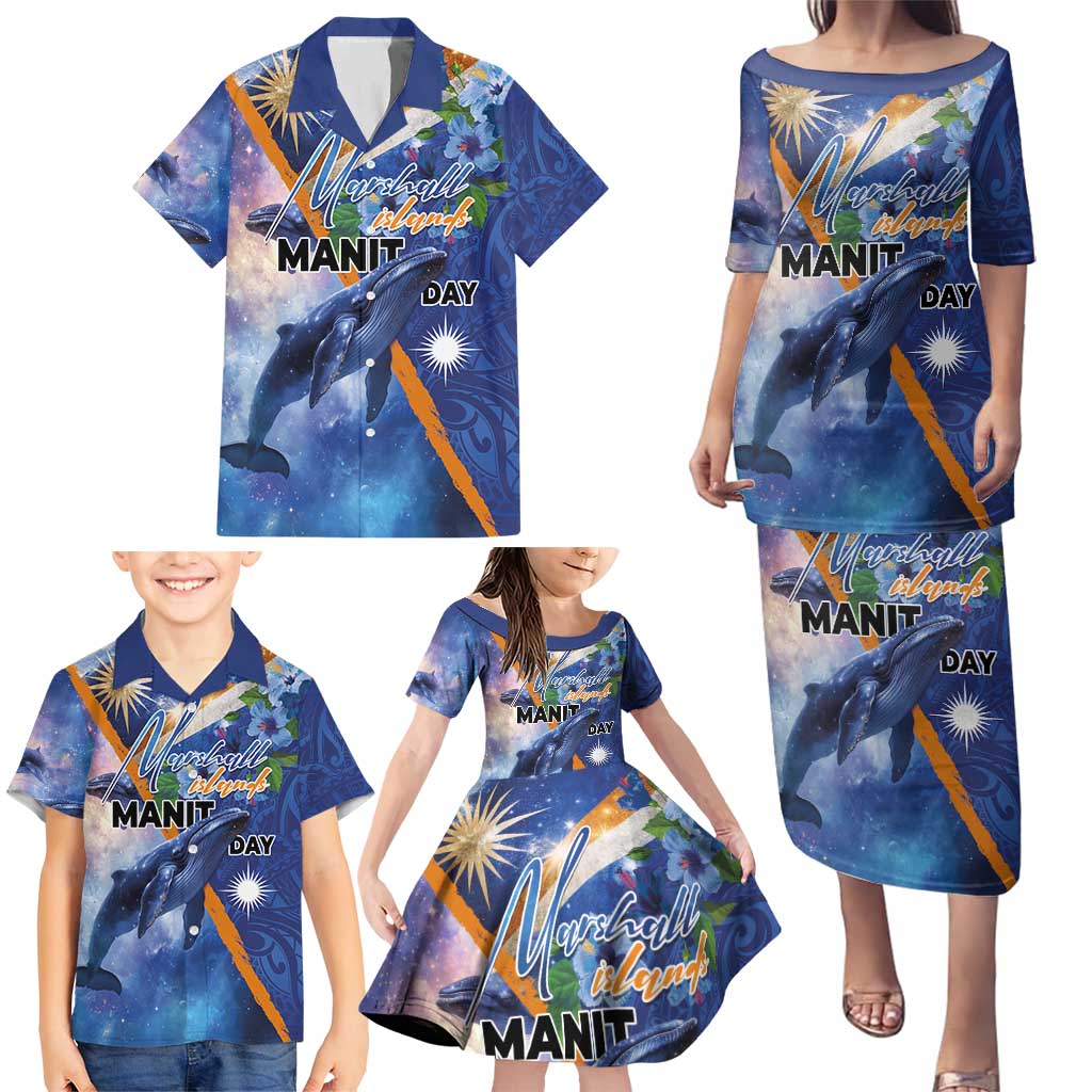 Marshall Islands Manit Day Family Matching Puletasi and Hawaiian Shirt Grunge National Flag with Whales and Tribal Tattoos LT03 - Polynesian Pride
