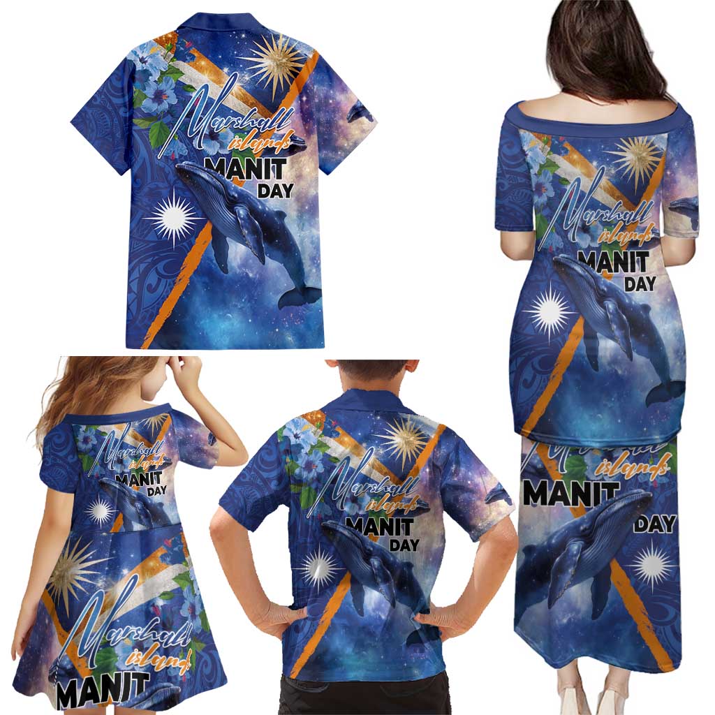 Marshall Islands Manit Day Family Matching Puletasi and Hawaiian Shirt Grunge National Flag with Whales and Tribal Tattoos LT03 - Polynesian Pride